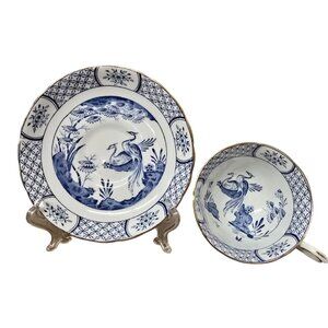 Antique Tea Cup & Saucer Blue White Birds Tuscan Fine English Bone China